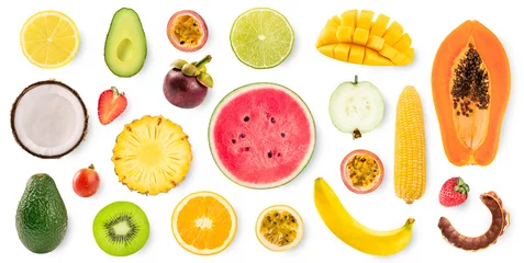 Foto auf Acrylglas Assortment of Different fruits , Watermelon , pineapple, banana,   orange, passion fruit, coconut, dragon fruit isolated on white background. Flat lay © Suraphol