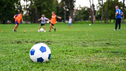 Obraz na płótnie Canvas Children playing football in the park. Ball in foreground while boys are playing in the background on green grass. Happy and cute children having football match on stadium. Football soccer match.