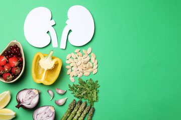 Paper cutout of kidneys and different healthy products on green background, flat lay. Space for text