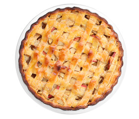 Delicious traditional apple pie isolated on white, top view