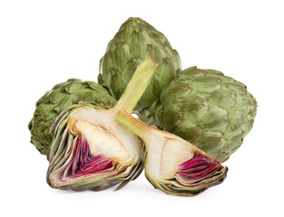 Cut and whole fresh artichokes on white background