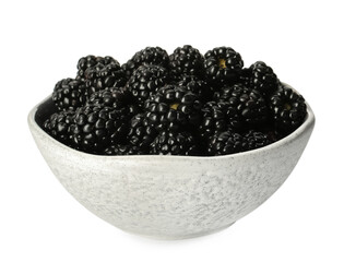Bowl with fresh ripe blackberries isolated on white