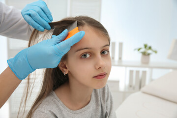 Doctor using nit comb on girl's hair in clinic. Anti lice treatment - obrazy, fototapety, plakaty