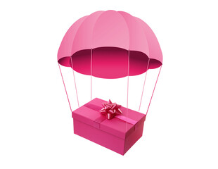 Pink gift box with parachute flying on white background