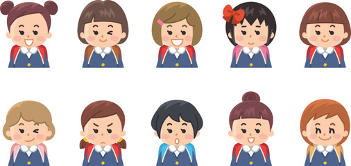 小学生の女の子のアイコンセット　バリエーション　色々