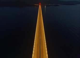 Aerial detail of the Peljesac bridge by night