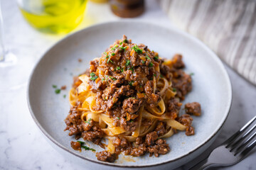 fettuccine ragu, traitional italian tomato sauce with beef