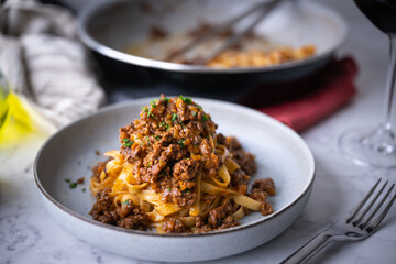 fettuccine ragu, traitional italian tomato sauce with beef