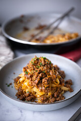 fettuccine ragu, traitional italian tomato sauce with beef