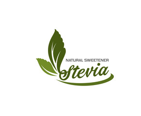Stevia sweetener leaves icon. Healthy sweetener, natural supplement or healthy food emblem, stevia leaves extract vector label. Stevia product green icon or emblem with handwritten text - obrazy, fototapety, plakaty