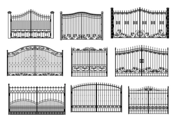 Fotobehang Iron gate and entrance metal fence with steel barriers, vector fencing wall. Metal fence gates or security wall with railing mesh and security spikes of garden park or private territory forged fence © Vector Tradition