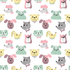 Pattern with cartoon heads of dogs. Vector illustration isolated on white background. For kids, prints, posters, apparel, packaging, brochures and covers.