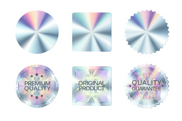 Quality hologram sticker, holographic labels with silver texture. Isolated vector original product stamps for official product guarantee and premium quality. 100 percent genuine holographic seals - obrazy, fototapety, plakaty