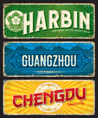Harbin, Chengdu, Guangzhou chinese travel plates and stickers. China city vintage sticker with shabby sides. Asian vacation tour destination vector plate or grunge tin sign with cities emblem symbols