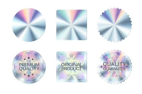 Quality Hologram Sticker, Holographic Labels With Silver Texture. Isolated Vector Original Product Stamps For Official Product Guarantee And Premium Quality. 100 Percent Genuine Holographic Seals