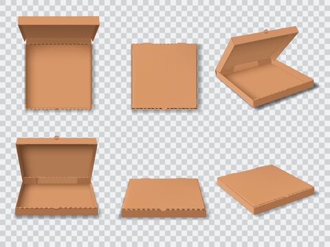 Realistic pizza box package mockup, isolated open cardboard pizza boxes. Vector 3d blank closed and opened empty cardboard top, front and angle view. Disposable food container, delivery fast food