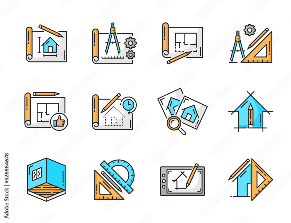 Poster Architect development and interior design icons. House plan, building engineering thin line icons. Room scheme and architecture development outline vector symbols with blueprint, pencil and ruler