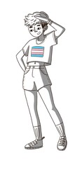 Lgbtq+ person with a t-shirt with the transexual flag. Pride Non gender person, black and white illustration. 