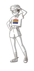 Lgbtq+ person with a t-shirt with the lgbt flag. Pride Non gender person, black and white illustration. 