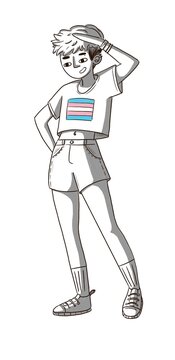 Lgbtq+ person with a t-shirt with the transexual flag. Pride Non gender person, black and white illustration. 