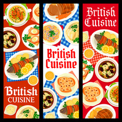 British cuisine restaurant banners. Chicken soup with prunes, Scotch eggs and roast beef, lamb soup, fruit cake and cod with mustard sauce, potato anchovy salad, baked trout wrapped in bacon