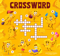 Crossword grid, cartoon maasdam and gouda cheese characters, vector word quiz game. Crossword worksheet grid to guess words of funny cheese piece with book, notebook and headphones or basketball ball