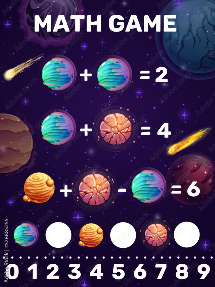 Poster math game, addition and subtraction kids puzzle worksheet. cartoon space comets, planets and stars. 