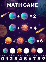 Math game, addition and subtraction kids puzzle worksheet. cartoon space comets, planets and stars. Preschool children mathematical riddle, math puzzle vector game with fantasy planets, asteroids
