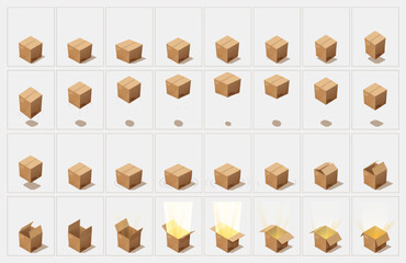 Cartoon jumping animated gift box sprite, vector mobile or video game animation. Cardboard delivery package, present or gift box jumping, swirling and opening motion animation sequence