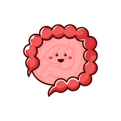Intestine gut cartoon character isolated healthy body organ funny personage. Vector digestive truck, healthy food nutrition, intestine colon
