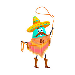 Cartoon vitamin B9 mexican cowboy character. Funny vector folic acid western robber spinning a lasso. Wild west personage wear sombrero hat, poncho and boots with rope. Texas hero bandit