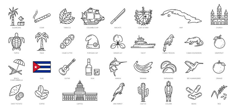 Cuba outline icons, travel landmarks and attractions vector symbols. Cuba flag and map with coat of arms, Capitol and food, animals, Havana sightseeing, culture and traditions line icons