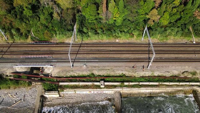 Iron railroad tracks with electric high voltage lines between forest and sea water. Railway separated by concrete fence from beach with breakwaters aerial view