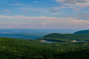 Panoramic view of Catskill mountains. North-South Lake and Hudson river are in the background. High...