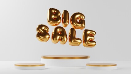 gold big sale text balloon with pedestal or podium display on white background, 3d rendering