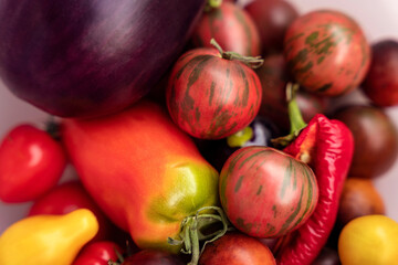 Cherry tomatos various types, pepper and eggplant vegetables