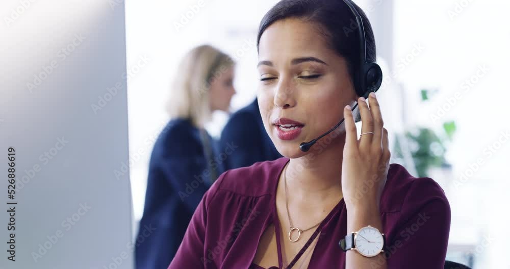 Poster call center agent talking to people online with computer, giving support as telemarketing consultant
