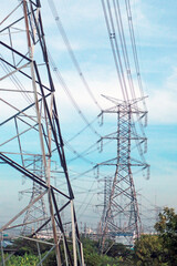 Detail of the the electrical steel tower  on blue sky