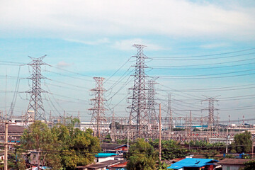 Detail of the the electrical steel tower  on blue sky