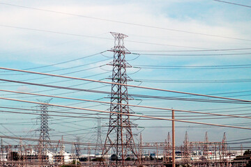 Detail of the the electrical steel tower  on blue sky