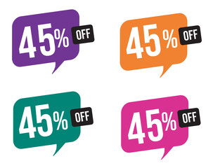 45 percent discount. purple, orange, green and pink balloons for promotions and offers. Vector Illustration on white background.