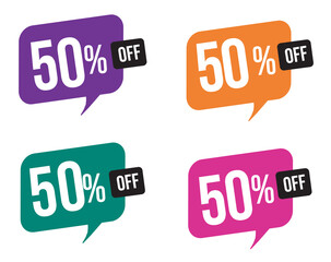 50 percent discount. purple, orange, green and pink balloons for promotions and offers. Vector Illustration on white background.