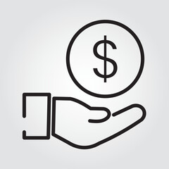 Save money icon, salary money, invest finance, hand holding dollar, line symbols on grey background. Eps10 vector illustration