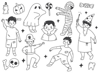 Naklejka premium Cartoon Boy Wearing Halloween Costume Doodle Clip Art Vector Illustration