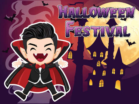 Vampire Cartoon Halloween Character With Halloween Festival Text Effects. Vector illustration