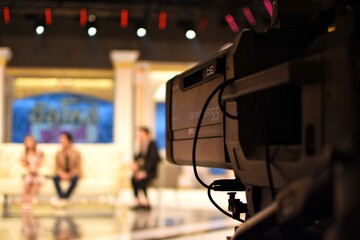 A back view of high quality television camera in television production.