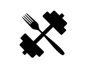 Healthy Fitness. Crossing Barbell and Fork Symbol Icon Logo Vector