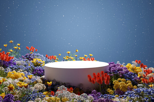 3D Rendering, Platform And Natural Podium Background On Colorful Flowers Field And Star At Night For Product  Stand Display Advertising Cosmetic Beauty Products Or Skincare With Empty Round Stage