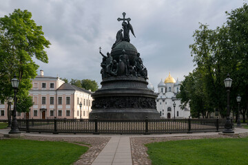 View of the Monument to the Millennium of Russia, installed on the territory of the Novgorod Kremlin in 1862 and St. Sophia Cathedral, Veliky Novgorod, Russia