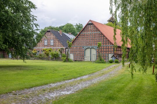 Scene with country houses in scenic green countryside, Wendland, Germany